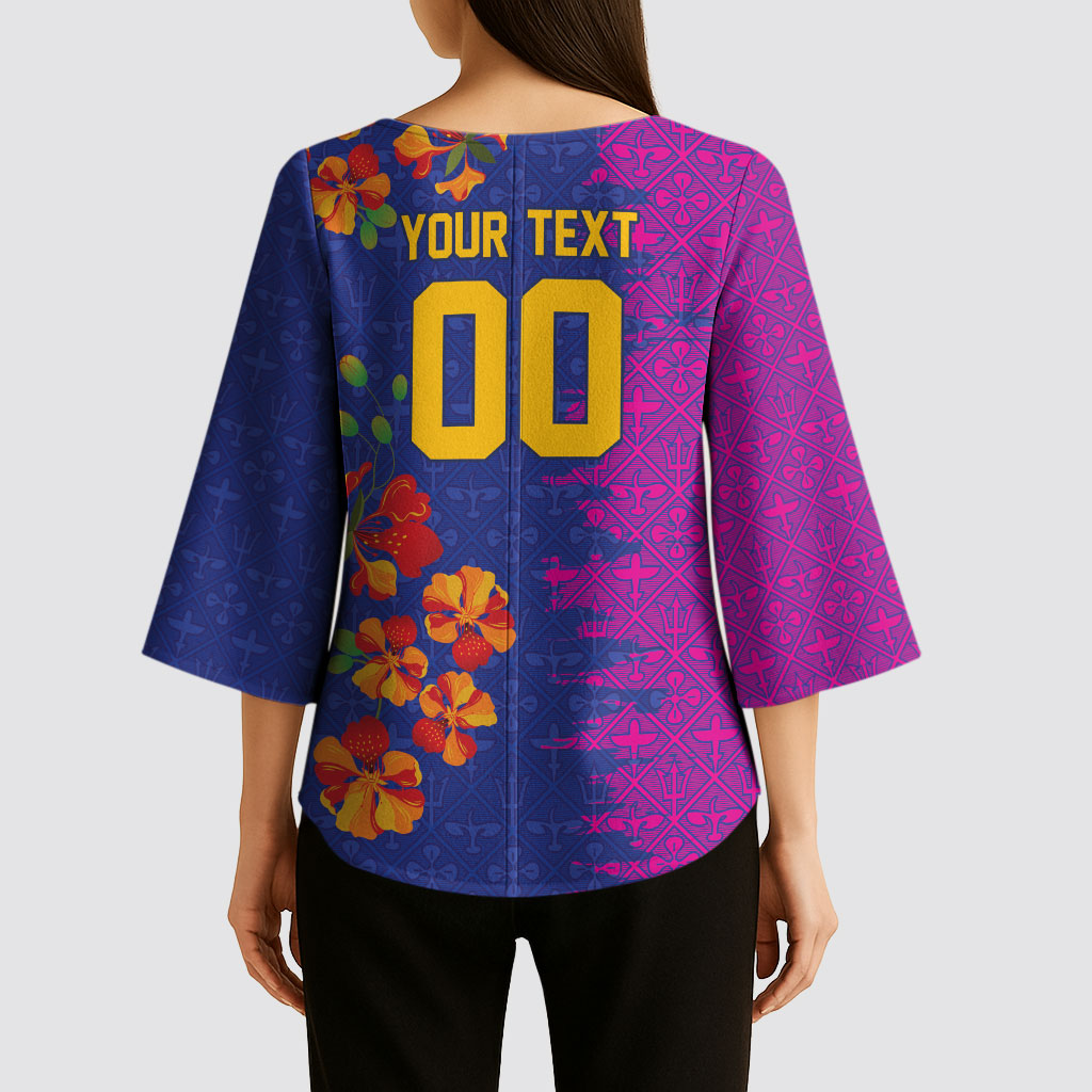 Custom Women’s Cricket Barbados Floral Series Kimono Sleeve Blouse Blue Pink Pride of Barbados