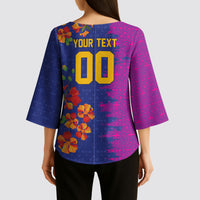 Custom Women’s Cricket Barbados Floral Series Kimono Sleeve Blouse Blue Pink Pride of Barbados