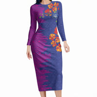 Custom Women’s Cricket Barbados Floral Series Long Sleeve Bodycon Dress Blue Pink Pride of Barbados