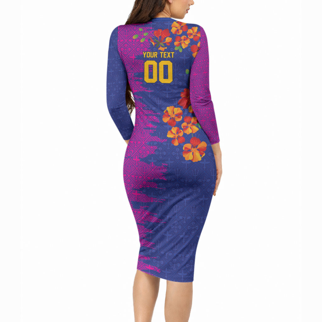 Custom Women’s Cricket Barbados Floral Series Long Sleeve Bodycon Dress Blue Pink Pride of Barbados