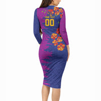 Custom Women’s Cricket Barbados Floral Series Long Sleeve Bodycon Dress Blue Pink Pride of Barbados