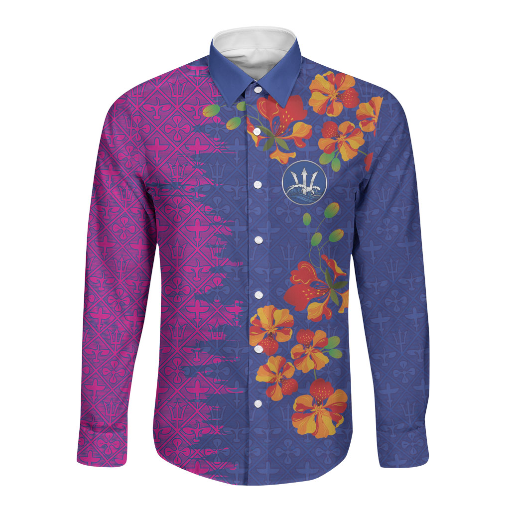 Custom Women’s Cricket Barbados Floral Series Long Sleeve Button Shirt Blue Pink Pride of Barbados