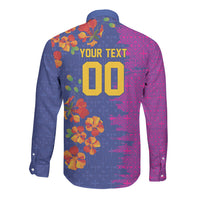 Custom Women’s Cricket Barbados Floral Series Long Sleeve Button Shirt Blue Pink Pride of Barbados