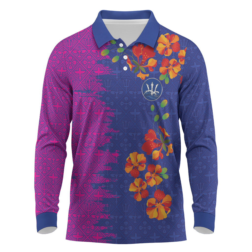 Custom Women’s Cricket Barbados Floral Series Long Sleeve Polo Shirt Blue Pink Pride of Barbados