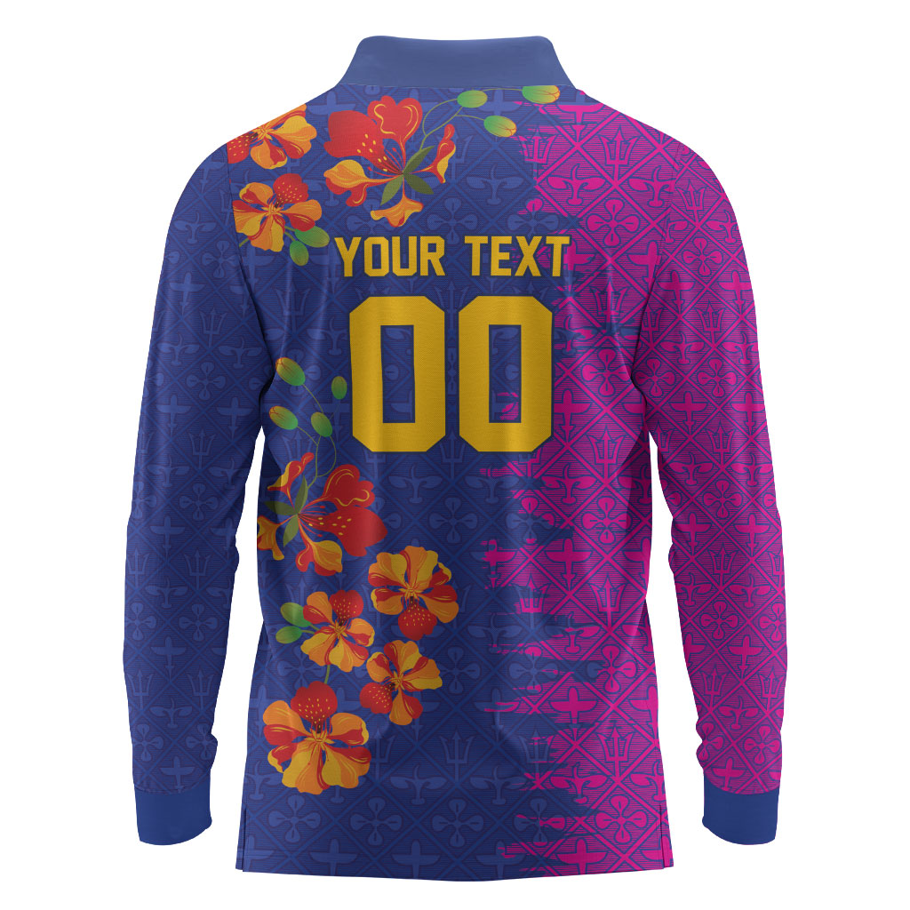 Custom Women’s Cricket Barbados Floral Series Long Sleeve Polo Shirt Blue Pink Pride of Barbados