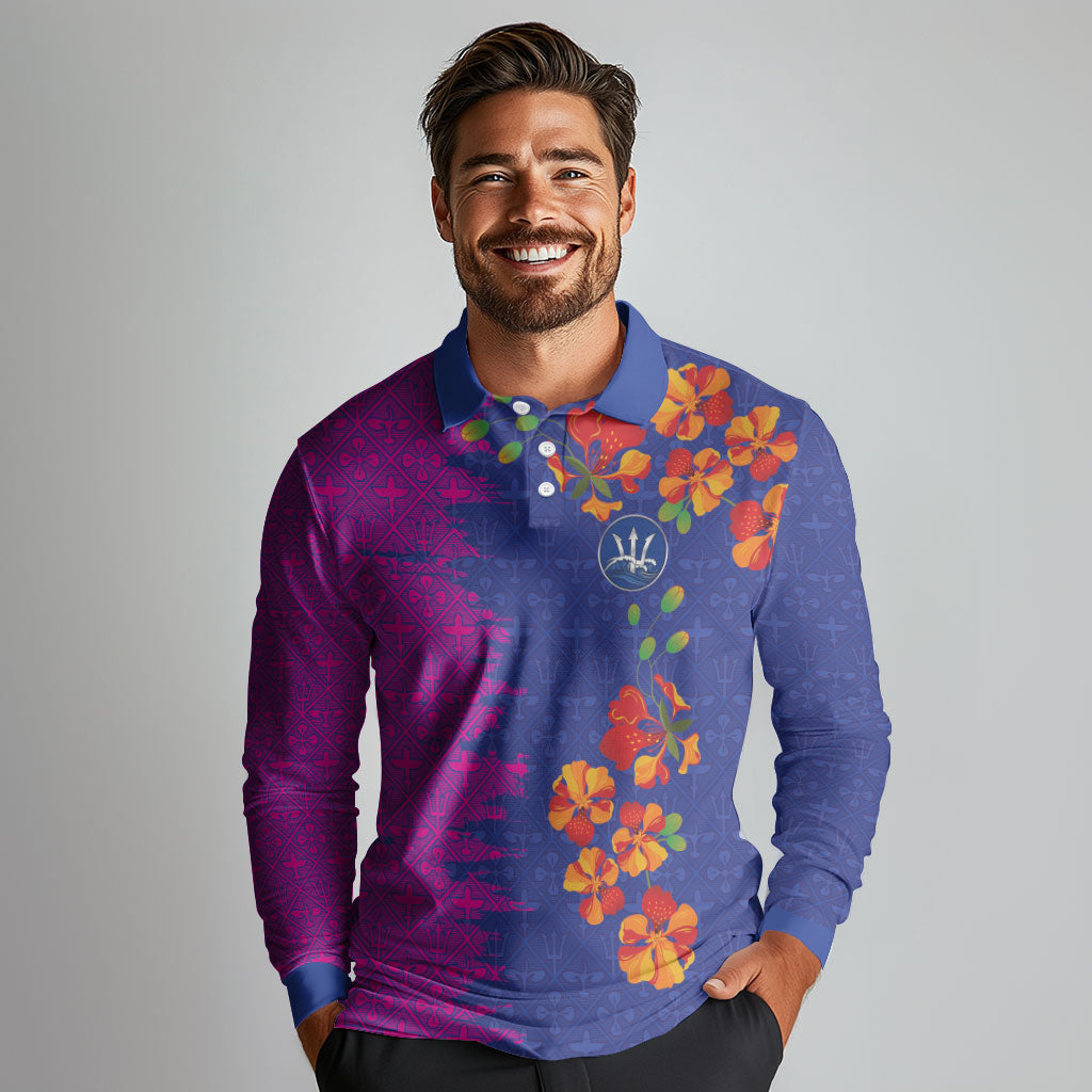 Custom Women’s Cricket Barbados Floral Series Long Sleeve Polo Shirt Blue Pink Pride of Barbados