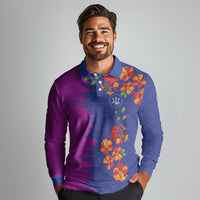 Custom Women’s Cricket Barbados Floral Series Long Sleeve Polo Shirt Blue Pink Pride of Barbados