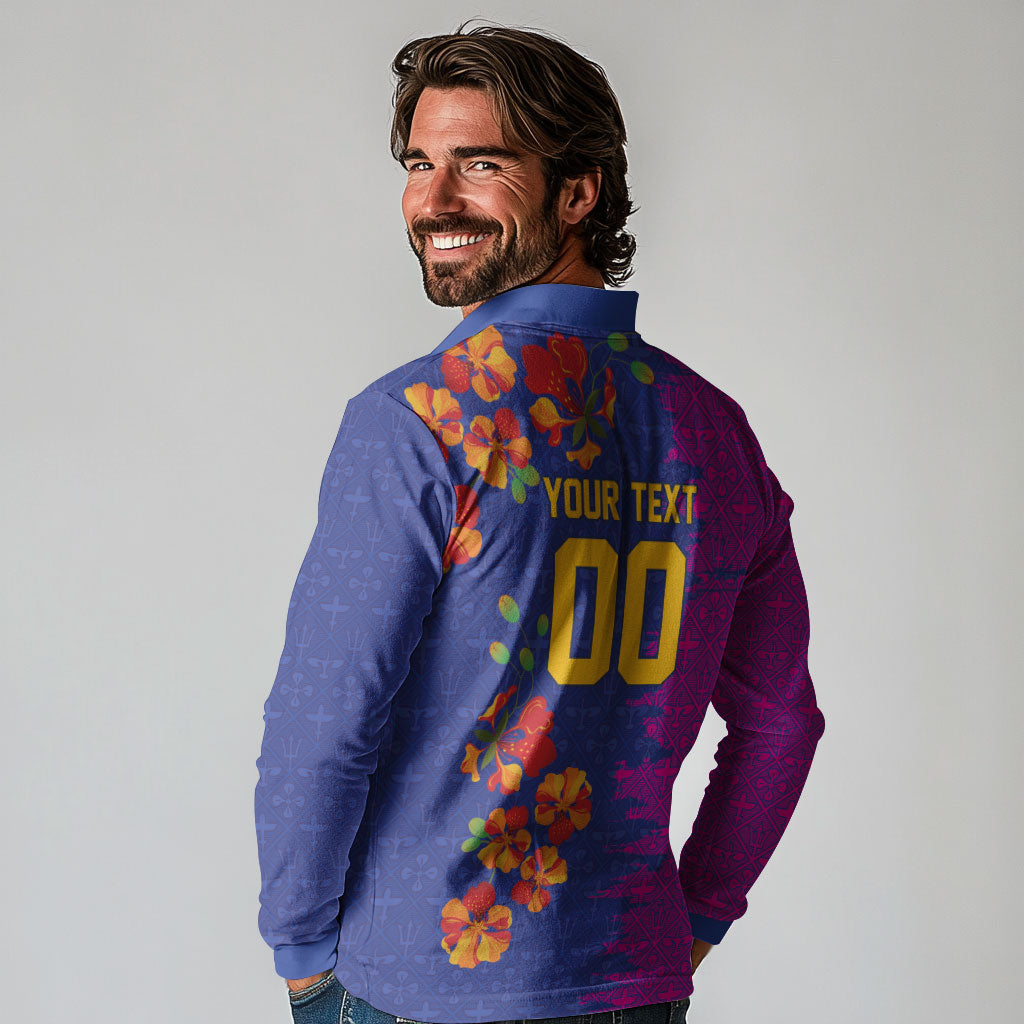 Custom Women’s Cricket Barbados Floral Series Long Sleeve Polo Shirt Blue Pink Pride of Barbados