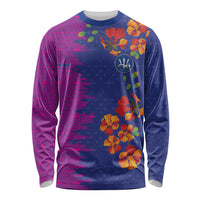 Custom Women’s Cricket Barbados Floral Series Long Sleeve Shirt Blue Pink Pride of Barbados