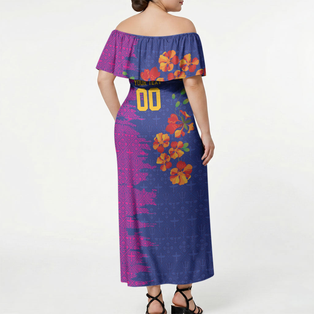 Custom Women’s Cricket Barbados Floral Series Off Shoulder Maxi Dress Blue Pink Pride of Barbados