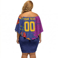 Custom Women’s Cricket Barbados Floral Series Off Shoulder Short Dress Blue Pink Pride of Barbados