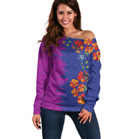 Custom Women’s Cricket Barbados Floral Series Off Shoulder Sweater Blue Pink Pride of Barbados
