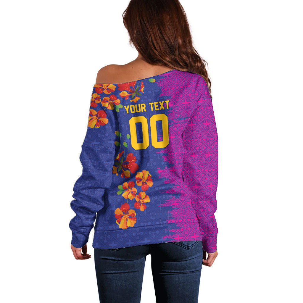 Custom Women’s Cricket Barbados Floral Series Off Shoulder Sweater Blue Pink Pride of Barbados
