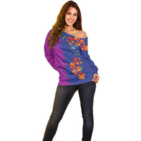 Custom Women’s Cricket Barbados Floral Series Off Shoulder Sweater Blue Pink Pride of Barbados