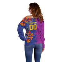 Custom Women’s Cricket Barbados Floral Series Off Shoulder Sweater Blue Pink Pride of Barbados
