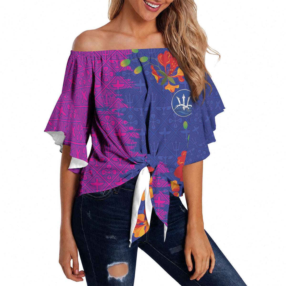 Custom Women’s Cricket Barbados Floral Series Off Shoulder Wrap Waist Top Blue Pink Pride of Barbados