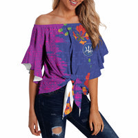 Custom Women’s Cricket Barbados Floral Series Off Shoulder Wrap Waist Top Blue Pink Pride of Barbados