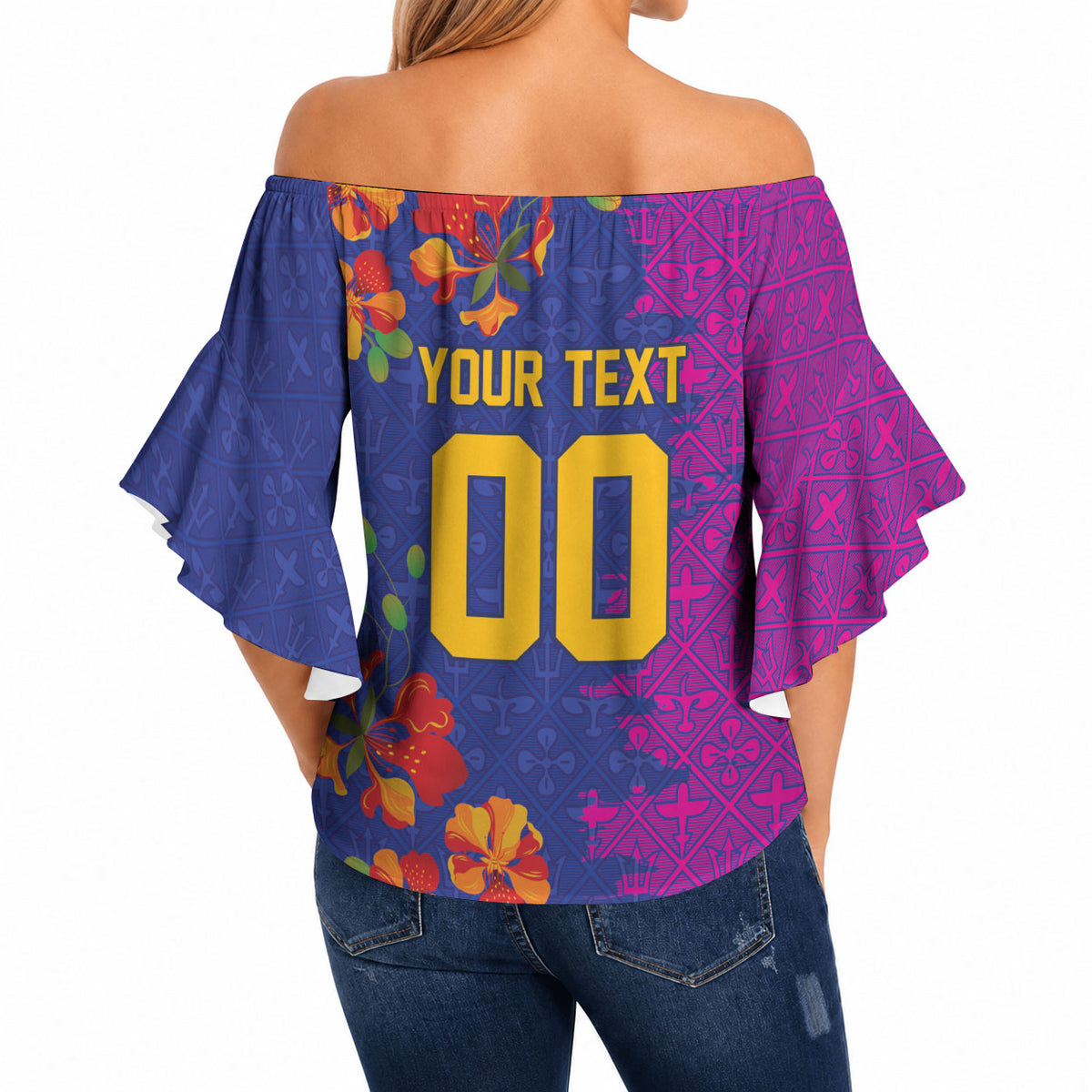 Custom Women’s Cricket Barbados Floral Series Off Shoulder Wrap Waist Top Blue Pink Pride of Barbados