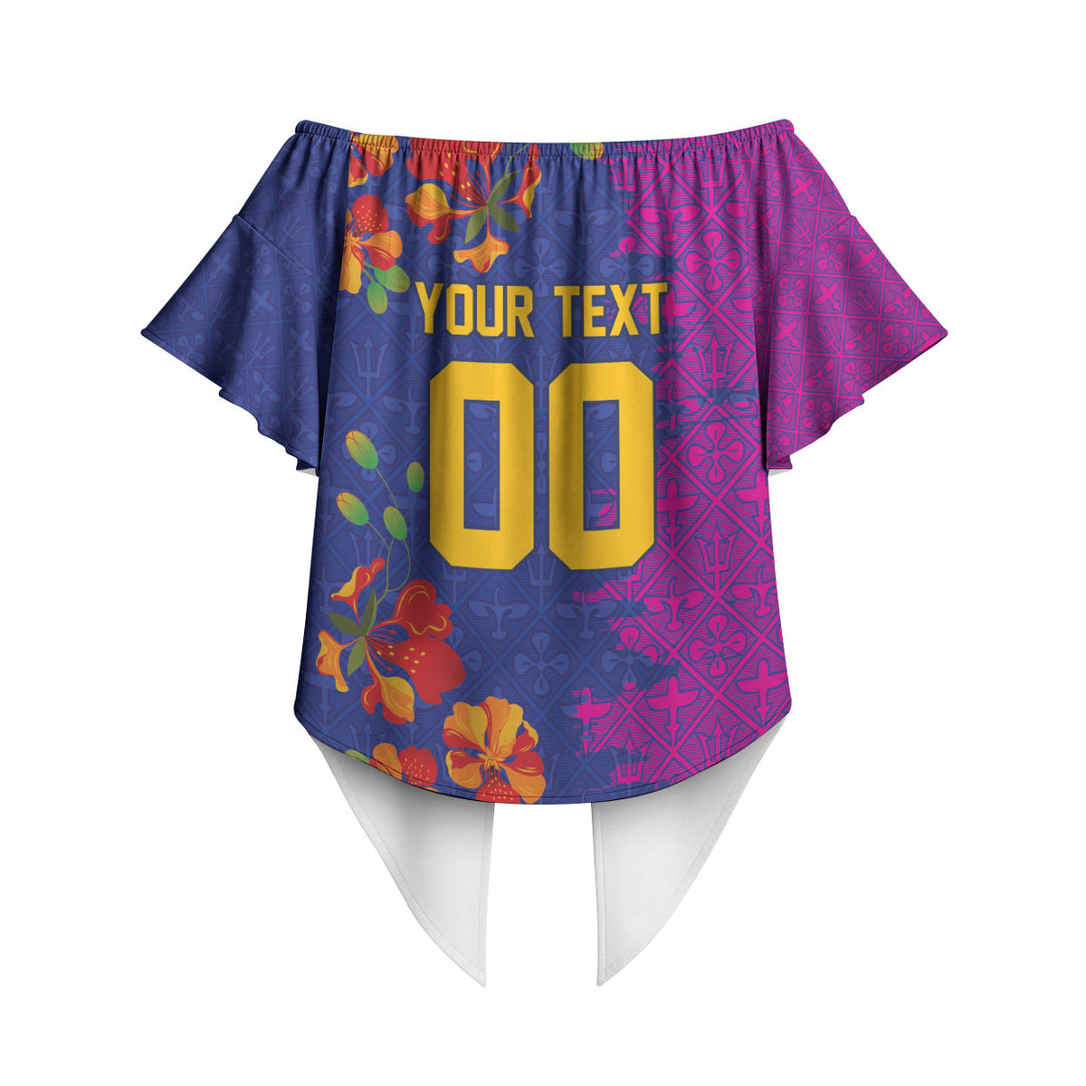 Custom Women’s Cricket Barbados Floral Series Off Shoulder Wrap Waist Top Blue Pink Pride of Barbados