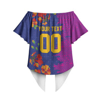Custom Women’s Cricket Barbados Floral Series Off Shoulder Wrap Waist Top Blue Pink Pride of Barbados