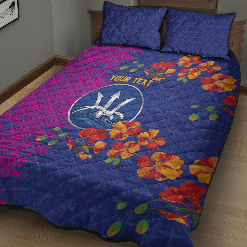 Custom Women’s Cricket Barbados Floral Series Quilt Bed Set Blue Pink Pride of Barbados