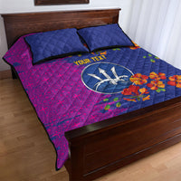Custom Women’s Cricket Barbados Floral Series Quilt Bed Set Blue Pink Pride of Barbados