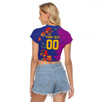 Custom Women’s Cricket Barbados Floral Series Raglan Cropped T Shirt Blue Pink Pride of Barbados