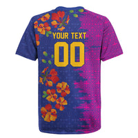 Custom Women’s Cricket Barbados Floral Series Rugby Jersey Blue Pink Pride of Barbados