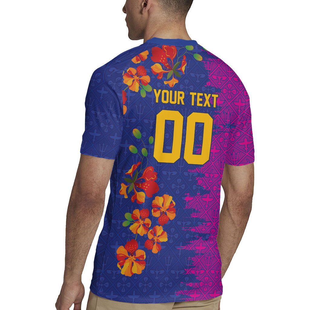Custom Women’s Cricket Barbados Floral Series Rugby Jersey Blue Pink Pride of Barbados