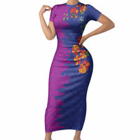 Custom Women’s Cricket Barbados Floral Series Short Sleeve Bodycon Dress Blue Pink Pride of Barbados
