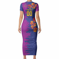 Custom Women’s Cricket Barbados Floral Series Short Sleeve Bodycon Dress Blue Pink Pride of Barbados