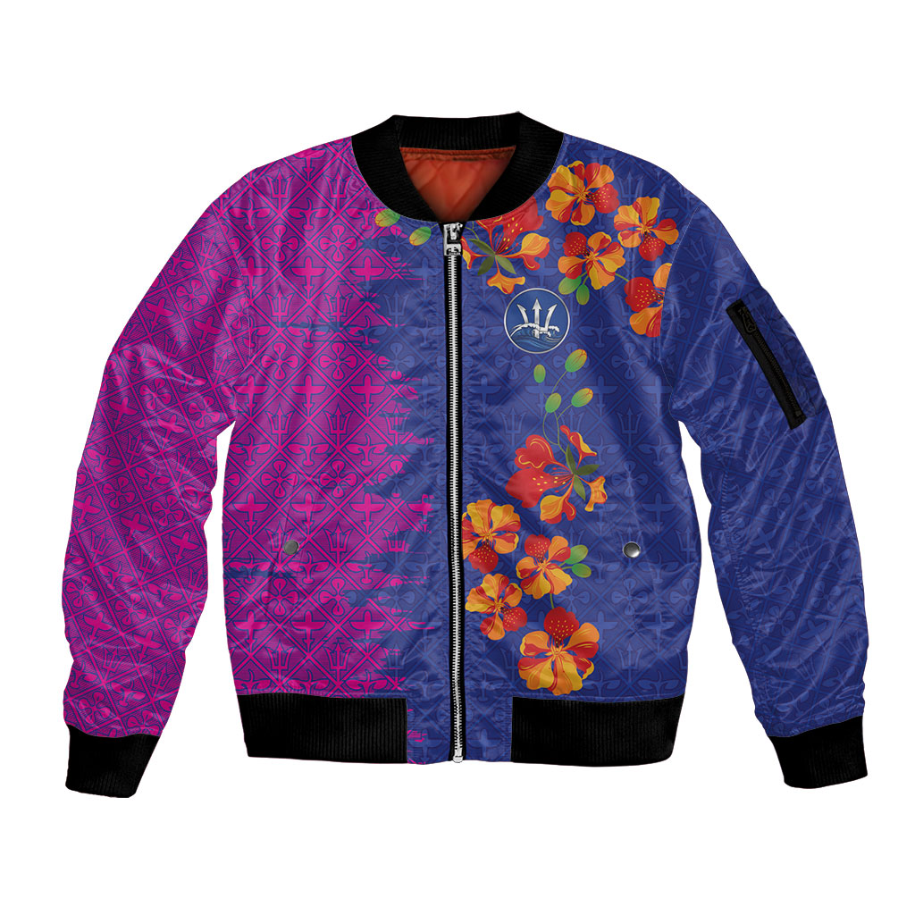 Custom Women’s Cricket Barbados Floral Series Sleeve Zip Bomber Jacket Blue Pink Pride of Barbados