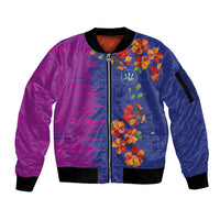 Custom Women’s Cricket Barbados Floral Series Sleeve Zip Bomber Jacket Blue Pink Pride of Barbados