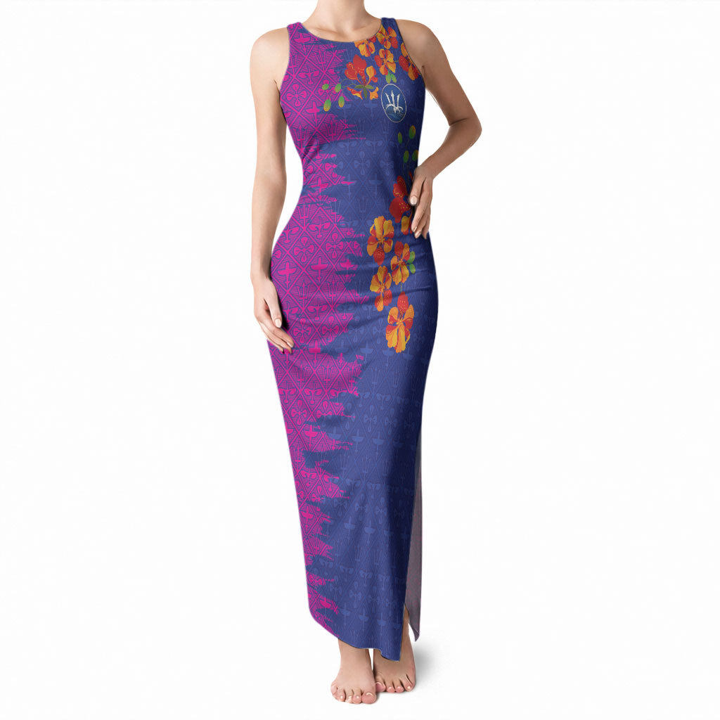 Custom Women’s Cricket Barbados Floral Series Tank Maxi Dress Blue Pink Pride of Barbados