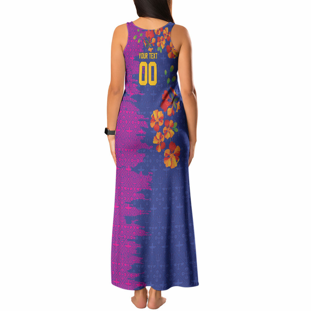 Custom Women’s Cricket Barbados Floral Series Tank Maxi Dress Blue Pink Pride of Barbados