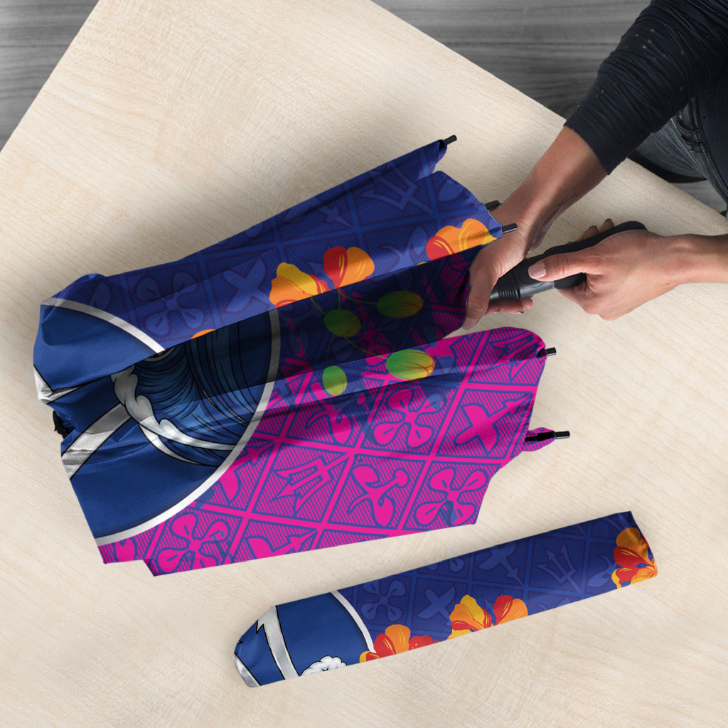 Custom Women’s Cricket Barbados Floral Series Umbrella Blue Pink Pride of Barbados