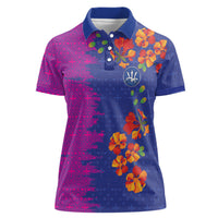 Custom Women’s Cricket Barbados Floral Series Women Polo Shirt Blue Pink Pride of Barbados