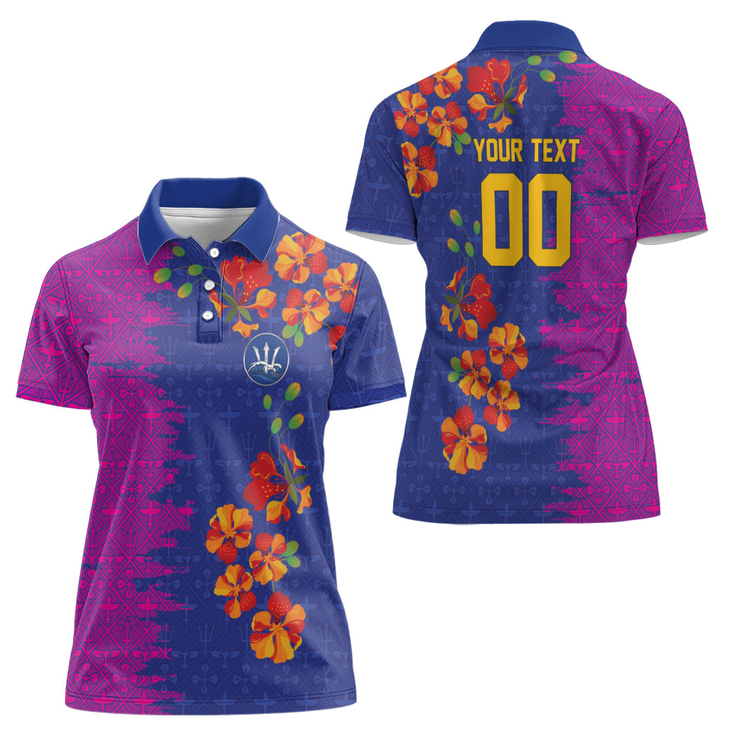 Custom Women’s Cricket Barbados Floral Series Women Polo Shirt Blue Pink Pride of Barbados