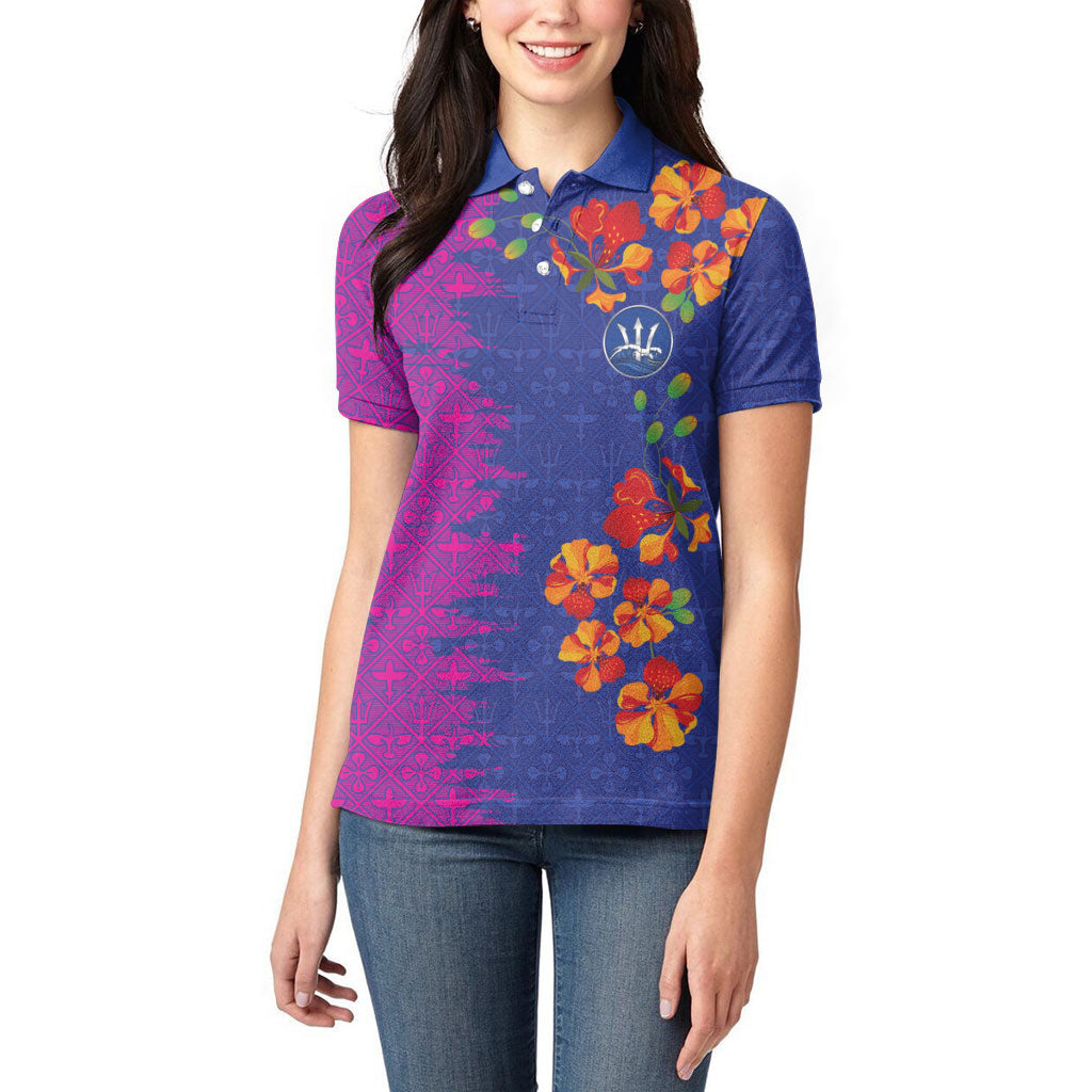 Custom Women’s Cricket Barbados Floral Series Women Polo Shirt Blue Pink Pride of Barbados