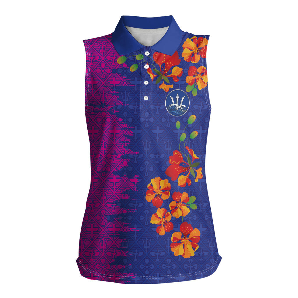 Custom Women’s Cricket Barbados Floral Series Women Sleeveless Polo Shirt Blue Pink Pride of Barbados