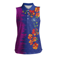 Custom Women’s Cricket Barbados Floral Series Women Sleeveless Polo Shirt Blue Pink Pride of Barbados