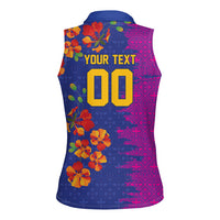 Custom Women’s Cricket Barbados Floral Series Women Sleeveless Polo Shirt Blue Pink Pride of Barbados