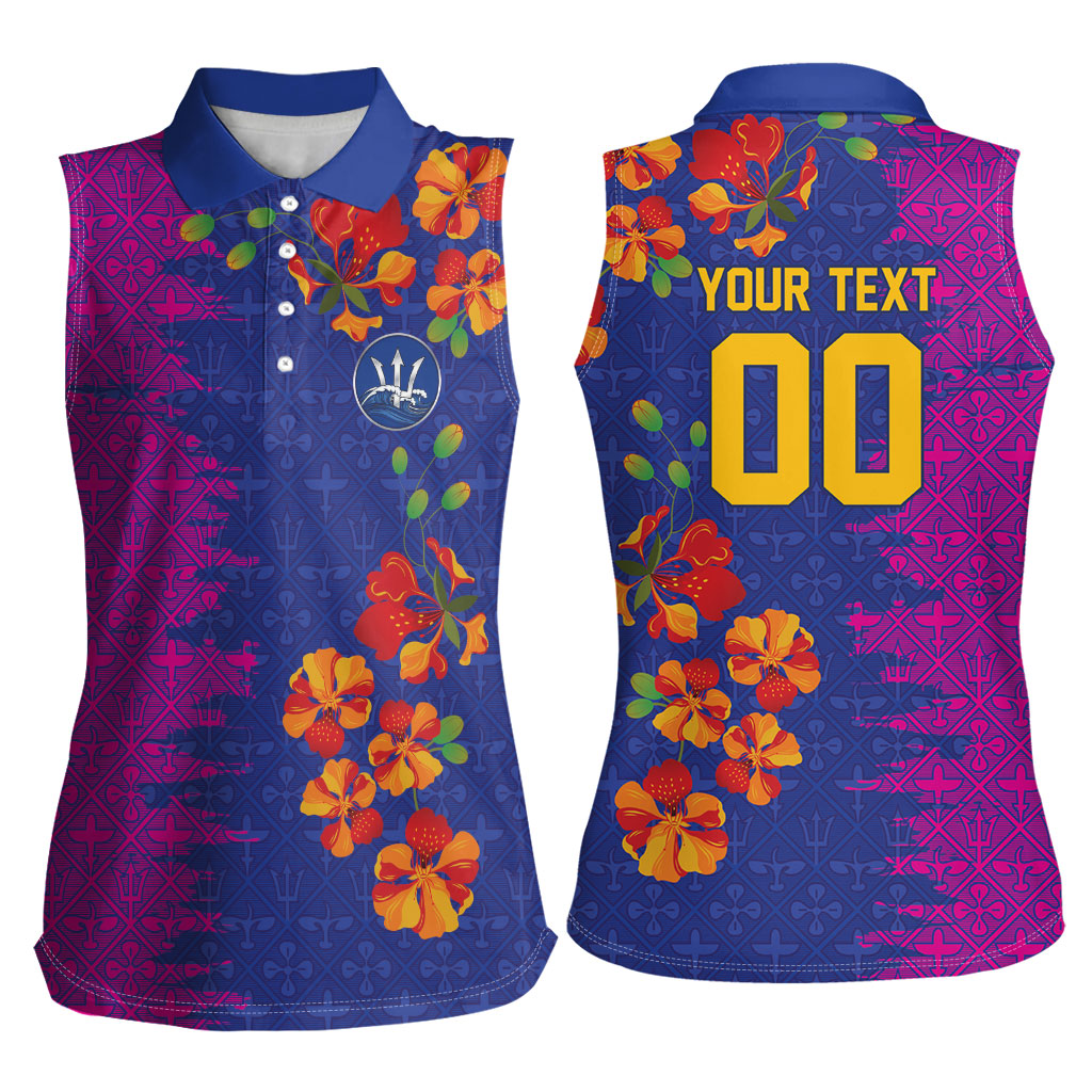 Custom Women’s Cricket Barbados Floral Series Women Sleeveless Polo Shirt Blue Pink Pride of Barbados