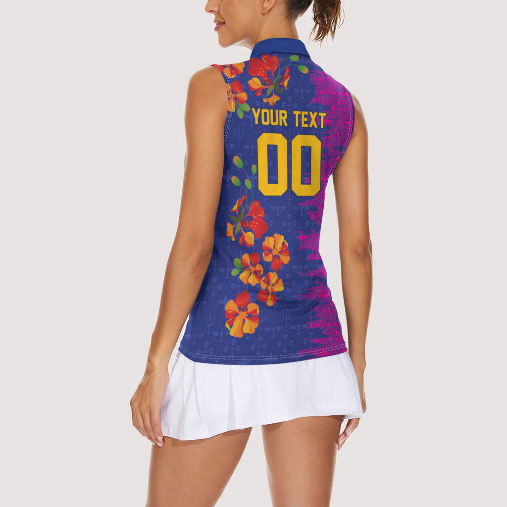 Custom Women’s Cricket Barbados Floral Series Women Sleeveless Polo Shirt Blue Pink Pride of Barbados