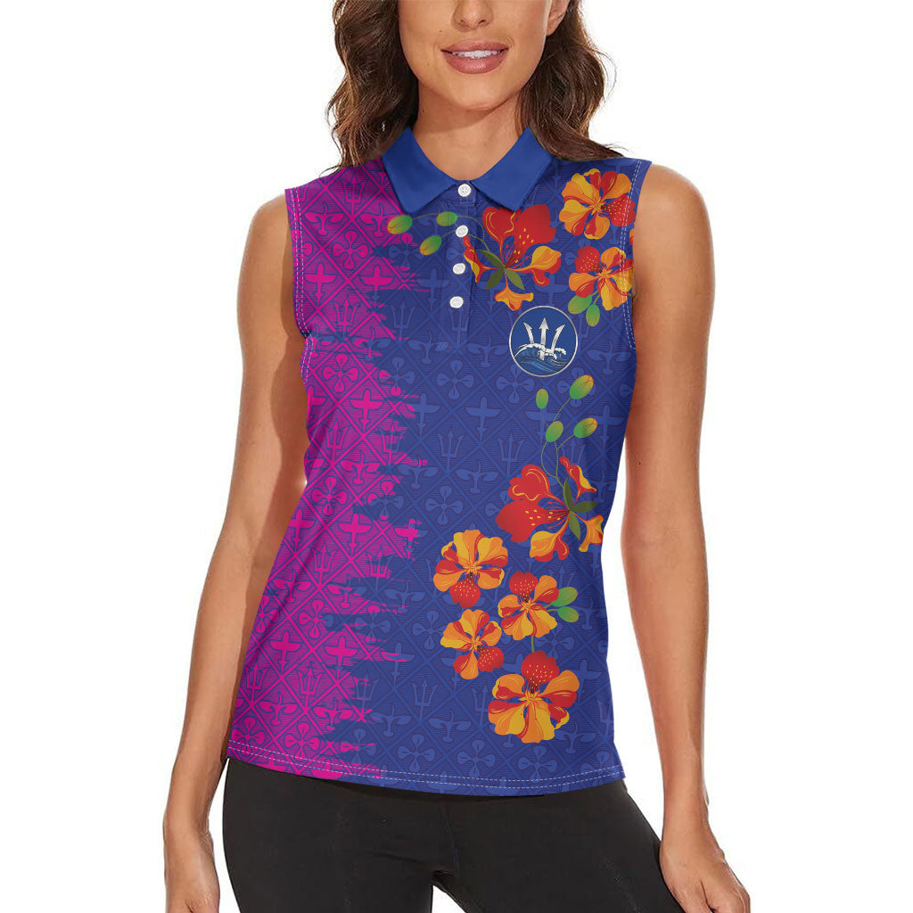 Custom Women’s Cricket Barbados Floral Series Women Sleeveless Polo Shirt Blue Pink Pride of Barbados