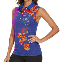 Custom Women’s Cricket Barbados Floral Series Women Sleeveless Polo Shirt Blue Pink Pride of Barbados