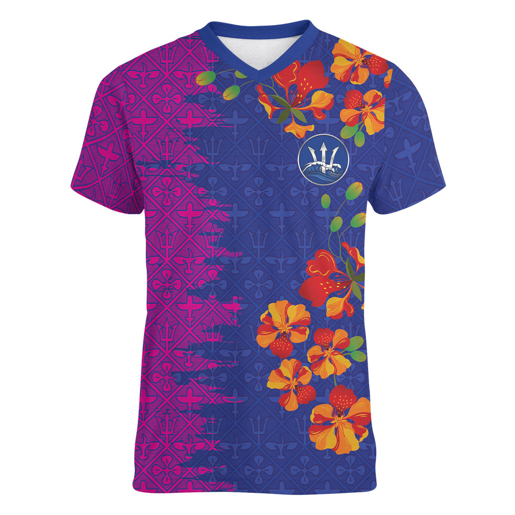 Custom Women’s Cricket Barbados Floral Series Women V-Neck T-Shirt Blue Pink Pride of Barbados