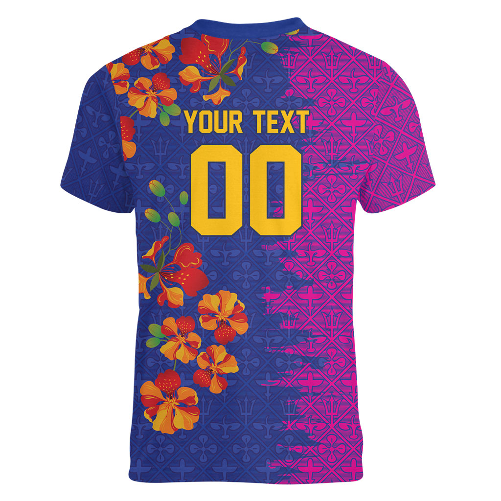 Custom Women’s Cricket Barbados Floral Series Women V-Neck T-Shirt Blue Pink Pride of Barbados