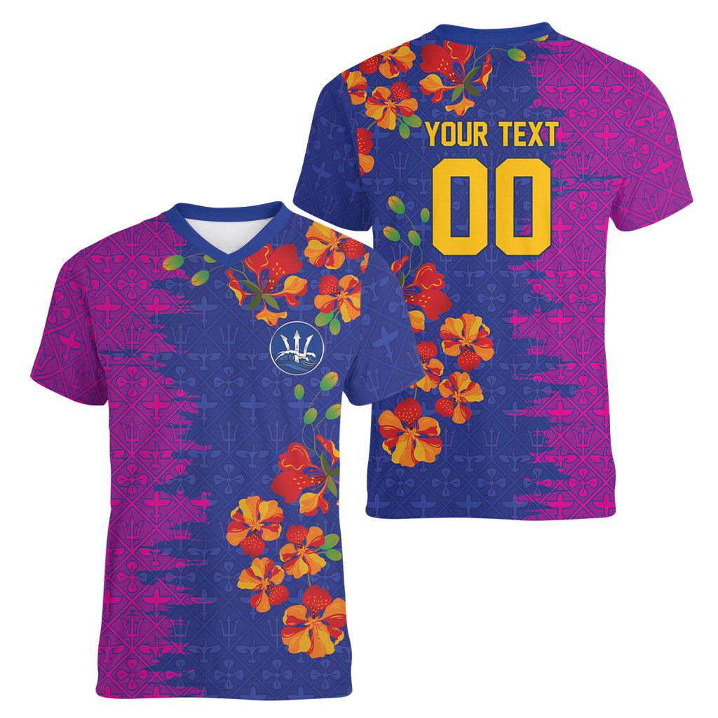 Custom Women’s Cricket Barbados Floral Series Women V-Neck T-Shirt Blue Pink Pride of Barbados