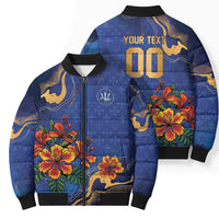 Custom Women’s Cricket Barbados Floral Series Bomber Puffer Jacket Royal Blue Pride of Barbados